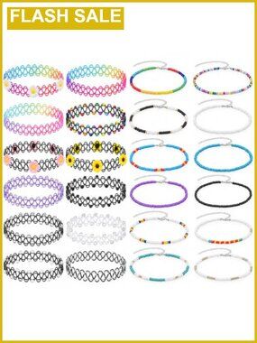 24PC Stretchy Tattoo Choker Necklace Set Y2K 90s Elastic Jewelry Gift